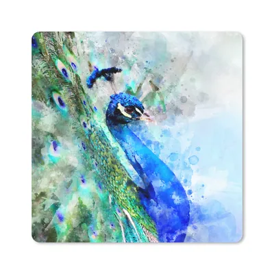 Produktbild von MuchoWow® Mauspad Mousepad Aquarell - Pfau - Blau 30x30 cm - Mousepads - Maus Mat - Pad - Mausunterlage - Gaming