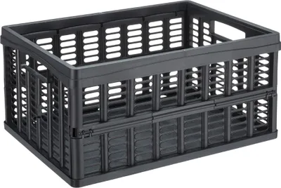 A black folding storage crate is shown against a white background.