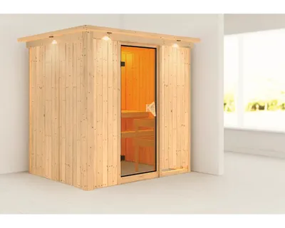 Produktbild von Elementsauna Karibu Bodina ohne Ofen mit Dachkranz und bronzierter Ganzglastüre