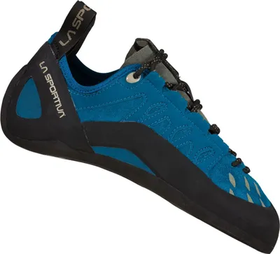 Schnür-Kletterschuh "Tarantulace" von La Sportiva in Blau mit schwarzer Sohle.