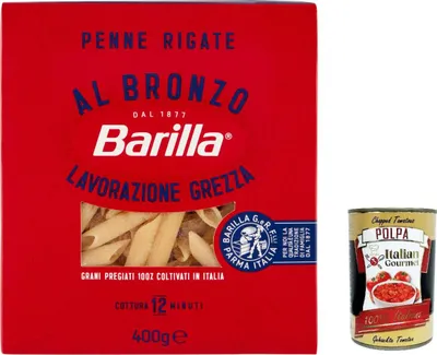 Produktbild von 20x Barilla Penne Rigate al Bronzo Bronze Gezogene Pasta 400g Rohe Verarbeitungsmethode + Italian Gourmet polpa 400g
