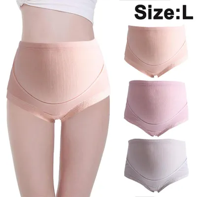 Produktbild von 3er-Pack Umstandsslips aus Baumwolle für Damen, klassischer Stil mit hohem Bund, Umstandsunterwäsche, Mehrpackung, hautfarben + rosa + grau, Größe L