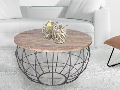Produktbild von Couchtisch nachhaltig rund ø 75 cm Wohnzimmer-Tisch Massivholz London Metall Gitter Metall Gestell weiß gekälkt - altsilber