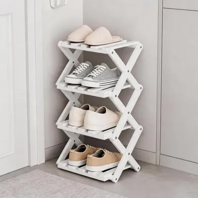 Immagine prodotto di Scaffale per scarpe, 4 ripiani, bianco, pieghevole, in bambù, 27x26x39 cm