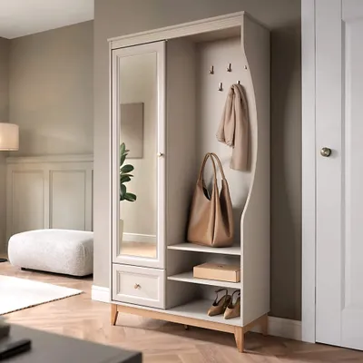 Obrázek produktu pro Belmy Šatní skříň 193 cm béžová kašmír VIENNA – klasická předsíňová skříň se zrcadlem tichý dojezd dubové nohy