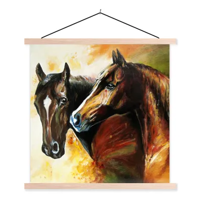 Produktbild von MuchoWow® Textilposter Malerei - Pferde - Tiere - Ölgemälde 60x60 cm mit holzfarbenen Rahmen - Wanddekoration