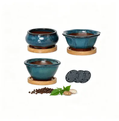 Productafbeelding van Set van 3 keramische bonsai-potten met bamboebasis