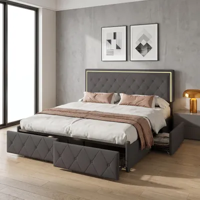 Produktbild von INONEFT Polsterbett 140x200cm mit 4 Schubladen, Jugendbett Doppelbett mit LED-Beleuchtung, Stauraumbett Massivholzbett mit Lattenrost, PU, Grau