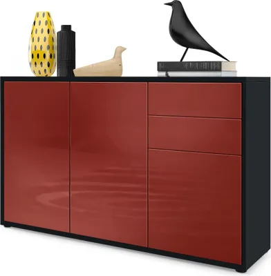 Produktbild von Vladon Sideboard Ben V3, Kommode mit 3 Türen und 2 Schubladen, Schwarz matt/ Bordeaux Hochglanz (117 x 74 x 36 cm)