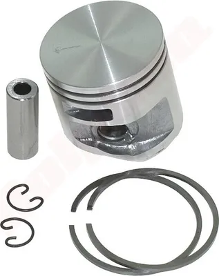 A set of engine parts, including a piston, wrist pin, and piston rings, arranged on a white background.