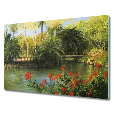Produktbild von Coloray Hackbrett Herdabdeckplatte 80x52 cm Küchenbrett Kochplattenabdeckung Schneidebrett - Wald-Fluss-Brücke