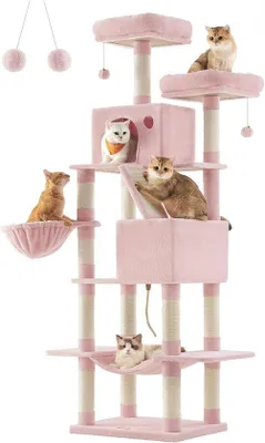 Produktbild von Famanu Kratzbaum mit mehreren Ebenen 206 cm XXL - 13 Kratzsäulen, 2 Plattformen, Höhlen, Korb und Hängematte in Pastell Pink