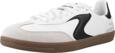 A single white sneaker with black accents and a gum sole is shown from a side-angle.