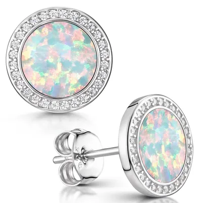 Produktbild von MATERIA Runde Ohrstecker Opal Edelstein weiß grün - 925 Silber Schmuck Ohrringe mit Zirkonia SO-394-Opal