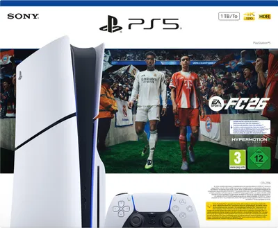 The image shows the packaging of a Sony PlayStation 5 Slim Disc Edition console with EA Sports FC 26, featuring the console, a controller, and game imagery.