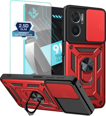 Produktbild von Armor Handyhülle für Xiaomi Redmi 10 mit 9H Displayglas Displayschutz Kameraschutz Handy Panzer Case Cover Schutzhülle Outdoor Farbe: Rot