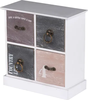 A four-drawer wooden chest with a distressed, multi-colored finish and decorative metal handles.