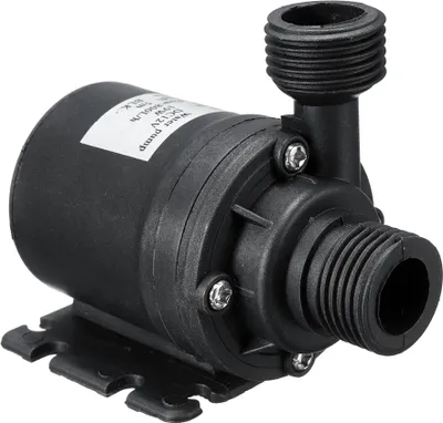 A black submersible water pump with threaded connectors.