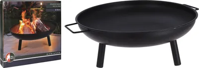 A product image showing a fire pit on the right and its packaging on the left.