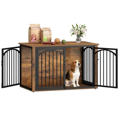 Produktbild von Hundebox Holz 100x60x63 cm, Vintagebraun & Schwarz, 4 Türen, Möbel-Hundekäfig als Beistelltisch, für mittelgroße bis große Hunde, Indoor