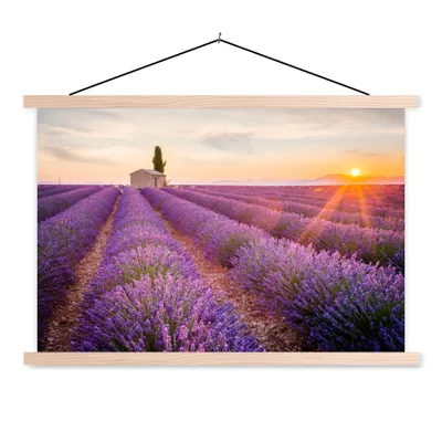 Produktbild von MuchoWow® Textilposter Lavendel - Sonnenuntergang - Blumen - Lila 120x80 cm mit holzfarbenen Rahmen - Aufhängeset