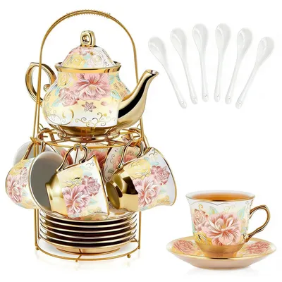 Produktbild von 20-teiliges Porzellan-Teeset mit Metallhalter, Goldblumenmalerei, 700ml Teekanne, 160ml Tassen