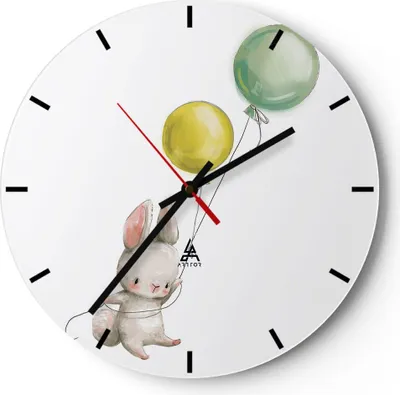 Produktbild von Wanduhr - Rund - Glasuhr - Häschen Luftballons Kinder - 30x30cm - Schleichendes Uhrwerk - Lautlos - zum Aufhängen bereit - Dekoration Modern - Wanddekoration aus Glas - C3AR30x30-4731