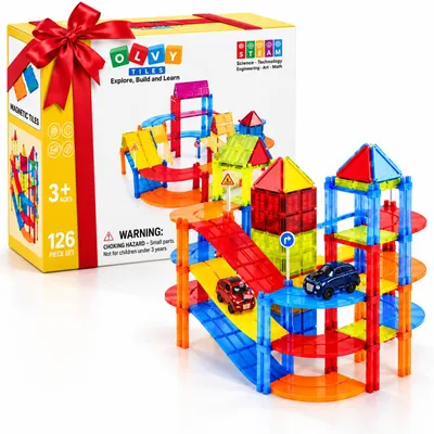Produktbild von Olvy Magnetische Bausteine Montessori Spielzeug – 126 Magnet-Tiles für Kinder ab 3 Jahren – Konstruktionsspielzeug, Magnetset, Lernspielzeug.