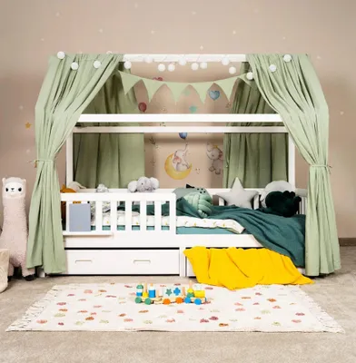 Immagine prodotto di Alavya Home set Decorativo in Mussola di Cotonelogico GOTS 125x350cm Khaki per Letto a Forma di Casa con Baldacchino e Ghirlanda di Bandierine