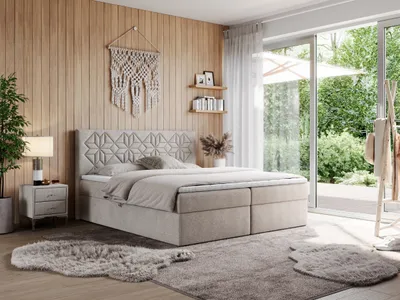 Produktbild von MKS MEBLE Boxspringbett 180x200 mit Matratze H4 und Bettkasten, Doppelbett Bett mit Stauraum und Topper, Polsterbett 180x200 mit Kopfteil - Leila - Beige Struktur - H4