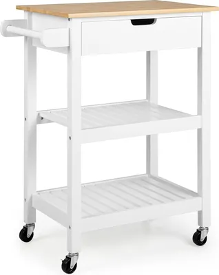 Zdjęcie produktu dla KOMFOTTEU wózek kuchenny wyspa kuchenna wykonana z bambusa i drewna, wózek do serwowania na kółkach 66x40x85cm, wózek kuchenny z szufladą na blat i 2 otwartymi półkami, wózek do przechowywania (biały)