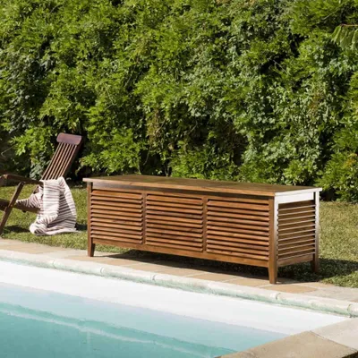 Image de MAEVA - Coffre de jardin piscine en bois teck huilé 200x55cm