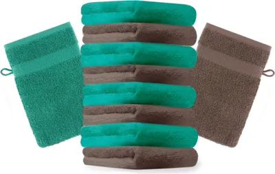Produktbild von Betz 10 Stück Waschhandschuhe 16x21 cm PREMIUM 100% Baumwolle Farbe: smaragdgrün und nussbraun