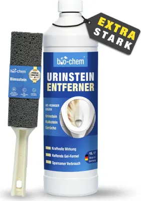 Produktbild von bio-chem Urinsteinentferner EXTRA STARK - 1000 ML inkl Bimsstein - Extrem kraftvoller & hochkonzentrierter Profi WC-Reiniger - Entfernt mühelos hartnäckigste Ablagerungen und Gerüche -  Germany