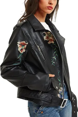Produktbild von BELLIVERA Damen Kunstleder Jacke Frühling Herbst Kleidung Floral Gürtel Motorrad
