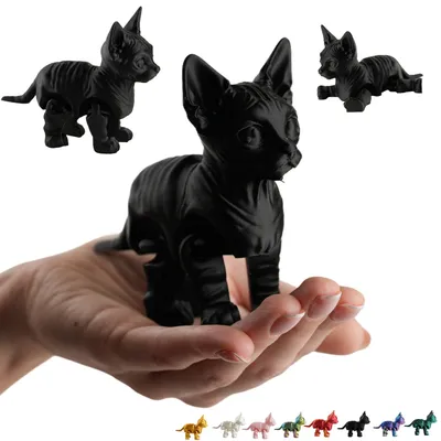 Produktbild von Sphynx Katze Figur beweglich 13 cm, Flexi Katzenfigur mit Gelenken, 3D-Druck – Schwarz