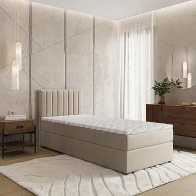 Produktbild von Masseno Boxspringbett BRESEL 80 80x200 cm Komplett-Set mit Bonell Matratze und Topper, Polsterbett mit Bettkästen -Beige, PAROS 02