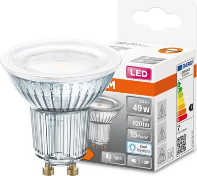 Obrázok produktu pre Reflektorová žiarovka OSRAM LED Star PAR16 pre reflektory a bodové svetlá v bielej farbe denného svetla (6500 K), číra, s priemerom 50 mm, s výkonom 6,9 W pre 620 lm, pätica GU10 retrofit, bezolovnaté sklo, IP20, EEK F.