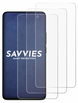 A smartphone screen protector with the brand name 'SAVVIES' and 'SMART PROTECTION' printed on it.