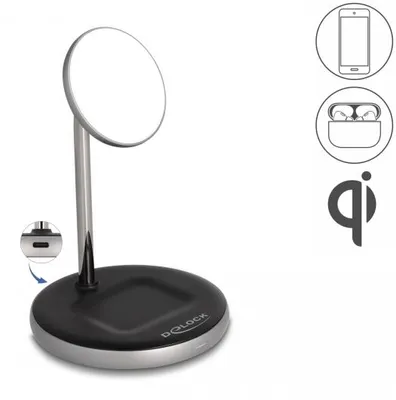 Immagine prodotto di Delock - Caricabatterie wireless - 2-in-1 - 15 Watt - 1,66 A - Ricarica rapida - 2 porte di uscita - nero / grigio /
