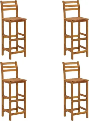 Imagen del producto de Juego de 4 taburetes de bar de madera de acacia maciza. Taburetes con respaldo y reposapiés, de estilo rústico, ideales para cocina, comedor y barra de bar. Altura del asiento: 75 cm