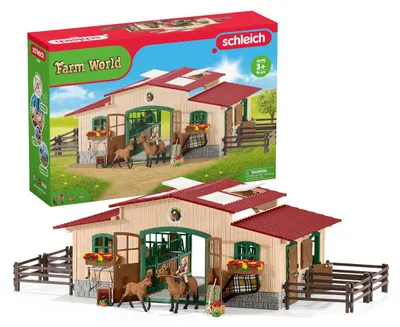 Produktbild von SCHLEICH Farm World | Pferdestall mit Pferden und Zubehör 42195 | Set inkl. Stall, Paddock, 2 Pferden, Mädchenfigur und Zubehör | Bauernhof Spielzeug ab 3 Jahre | 96 Teile | exklusiv bei Amazon