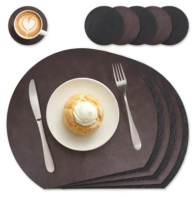 Platzsets aus PU-Leder, 6er-Set, doppelseitig, rund, dunkelbraun/schwarz