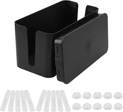 Produktbild von Famanu Kabelbox 23,5 cm x 11,5 cm x 11,5 cm - Kabelmanagementbox mit 10 schwarzen Kabelbändern + 10 weißen Kabelclips
