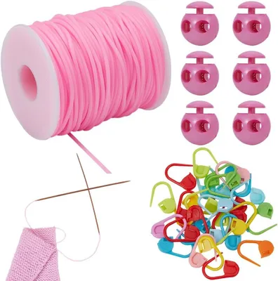 Produktbild von 30 Strickmaschenmarkierer 50 m/54.68 Yards Hohlrohr Gummischnur 6 Kordelstopper Aus Kunststoff Rosa Häkelmaschenmarkierer Halter Kordelstopper Set Für Strick Und Bastelprojekte
