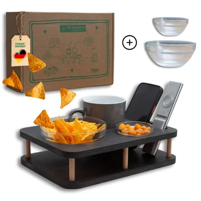 Produktbild von Couchbar Snackbar in Schwarz mit 2 Glasschalen - Couchbar Mini - Couch Tablett  für Snacks & Getränke [stabil & sicher] - Snackbar für Kaffeetasse