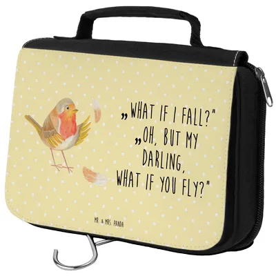 Produktbild von Mr. & Mrs. Panda Kulturtasche Rotkehlchen Federn - Gelb Pastell - Geschenk, Spruch Motivation, Mut, badtasche, Sprüche, fliegen, Kosmetikbeutel, kosmetiktäschchen, Vogel