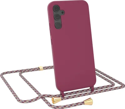 Produktbild von EAZY CASE Handykette kompatibel mit Samsung Galaxy A34 Handyhülle zum Umhängen, Silikon Hülle mit Band, Schutzhülle mit Ersatzkordel, Stylische Kette für Smartphone, Beere / Rot Camouflage
