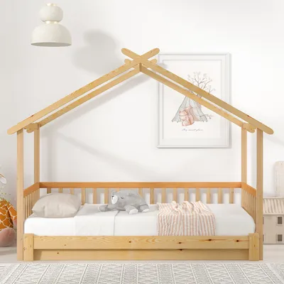 Produktbild von Kinderbett mit Ausziehbett und Lattenrost, 90x200cm/180x200cm, Liegefläche ausziehbar, Hausbett, Kiefer
