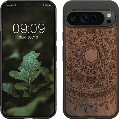 Produktbild von kwmobile Hülle kompatibel mit Google Pixel 9 Pro XL Hülle - Holz Case - Handy Cover - TPU Handyhülle in Dunkelbraun Indische Sonne